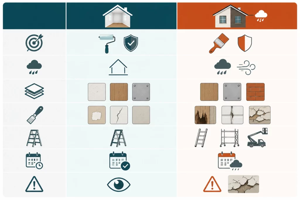 Infographic die binnenschilderwerk en buitenschilderwerk vergelijkt op bescherming, weersinvloed, ondergrond, herstelwerk, bereikbaarheid, planning en veelvoorkomende risico’s.