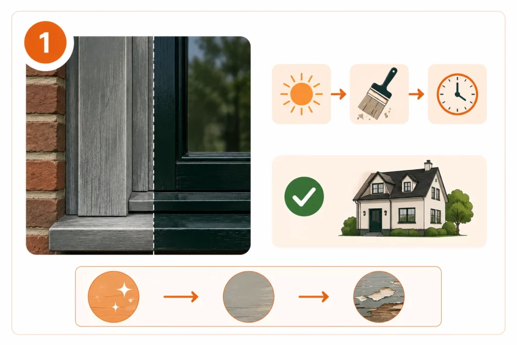 Infographic die laat zien hoe buitenschilderwerk door zonlicht zijn glans verliest en van een glanzende naar een doffe verflaag verandert.
