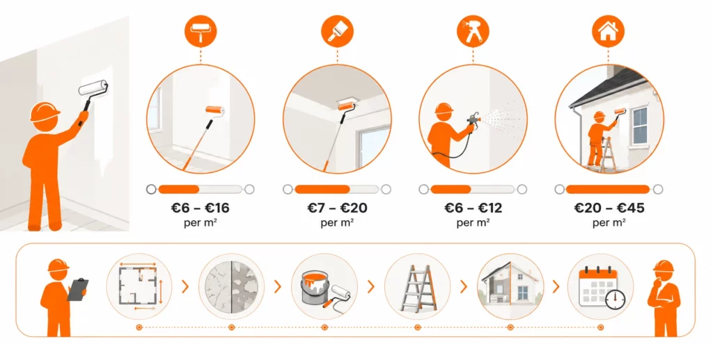 Infographic met gemiddelde schilderkosten per m² voor wanden, plafonds, spuitwerk en buitenschilderwerk.