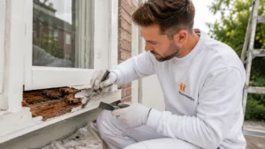 Klusmaatjes vakman herstelt houtrot aan een houten kozijn door beschadigd hout te verwijderen.